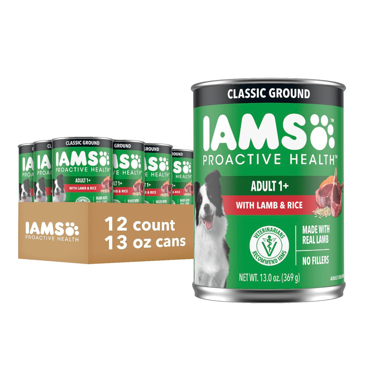 IAMS Proactive Health Ground Wet Dog Food, Lamb & Rice, 13 oz, 6-Pack | Real lamb, supports whole-body health, Omega-6 for skin & coat, no fillers or artificial flavors, 100% complete & balanced