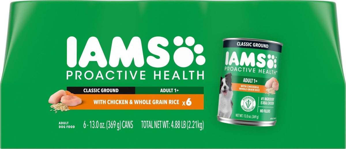IAMS Proactive Health Ground Wet Dog Food, Lamb & Rice, 13 oz, 6-Pack | Real lamb, supports whole-body health, Omega-6 for skin & coat, no fillers or artificial flavors, 100% complete & balanced
