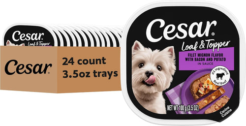 Cesar Loaf & Topper Wet Dog Food, Ham & Egg Flavor, 3.5 oz, 24 Count | Pork #1 ingredient, easy to digest, no fillers or added sugar, use as meal or food topper, easy peel trays