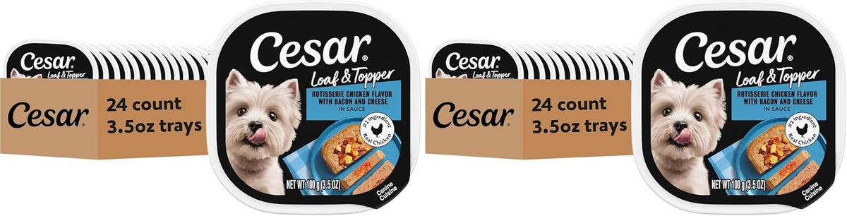 Cesar Loaf & Topper Wet Dog Food, Ham & Egg Flavor, 3.5 oz, 24 Count | Pork #1 ingredient, easy to digest, no fillers or added sugar, use as meal or food topper, easy peel trays