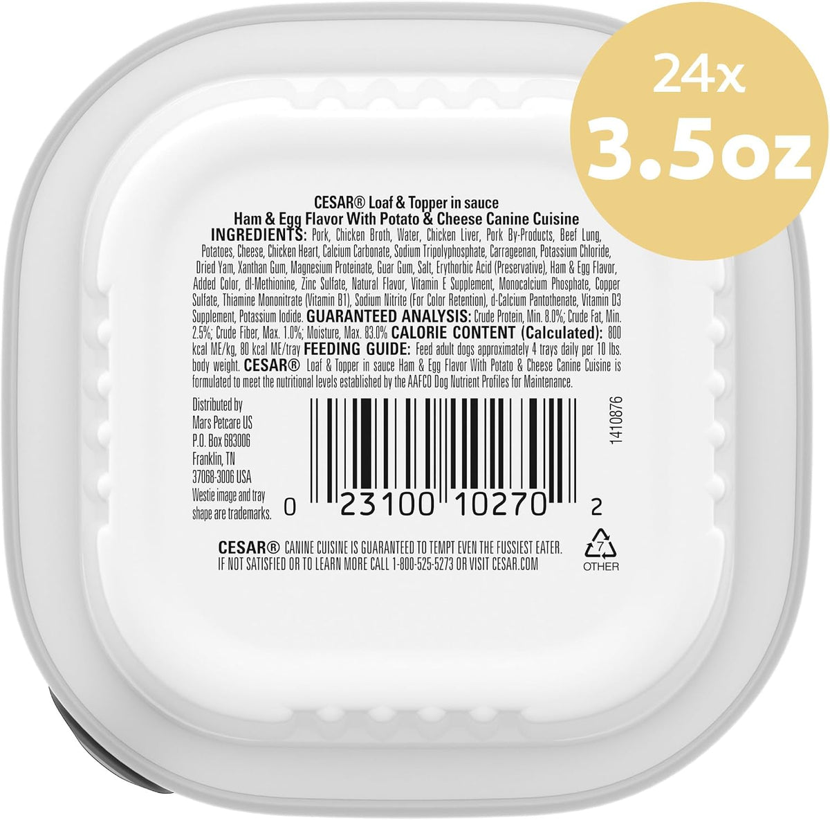 Cesar Loaf & Topper Wet Dog Food, Ham & Egg Flavor, 3.5 oz, 24 Count | Pork #1 ingredient, easy to digest, no fillers or added sugar, use as meal or food topper, easy peel trays