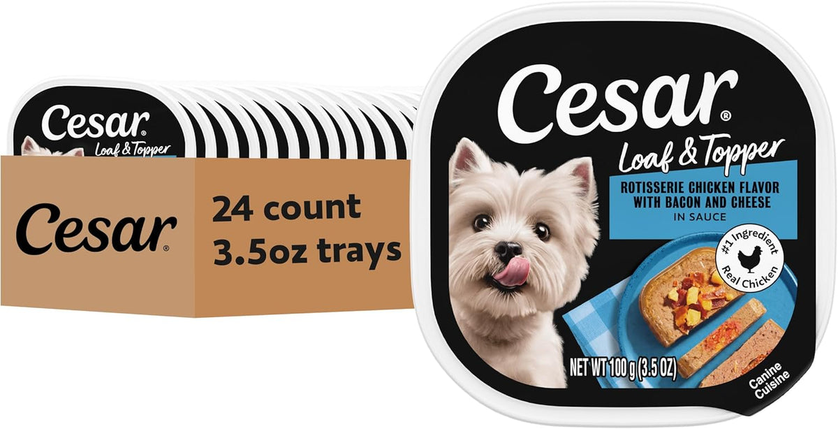 Cesar Loaf & Topper Wet Dog Food, Ham & Egg Flavor, 3.5 oz, 24 Count | Pork #1 ingredient, easy to digest, no fillers or added sugar, use as meal or food topper, easy peel trays