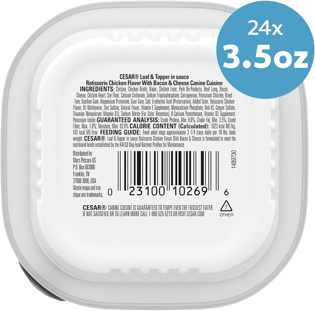 Cesar Loaf & Topper Wet Dog Food, Ham & Egg Flavor, 3.5 oz, 24 Count | Pork #1 ingredient, easy to digest, no fillers or added sugar, use as meal or food topper, easy peel trays