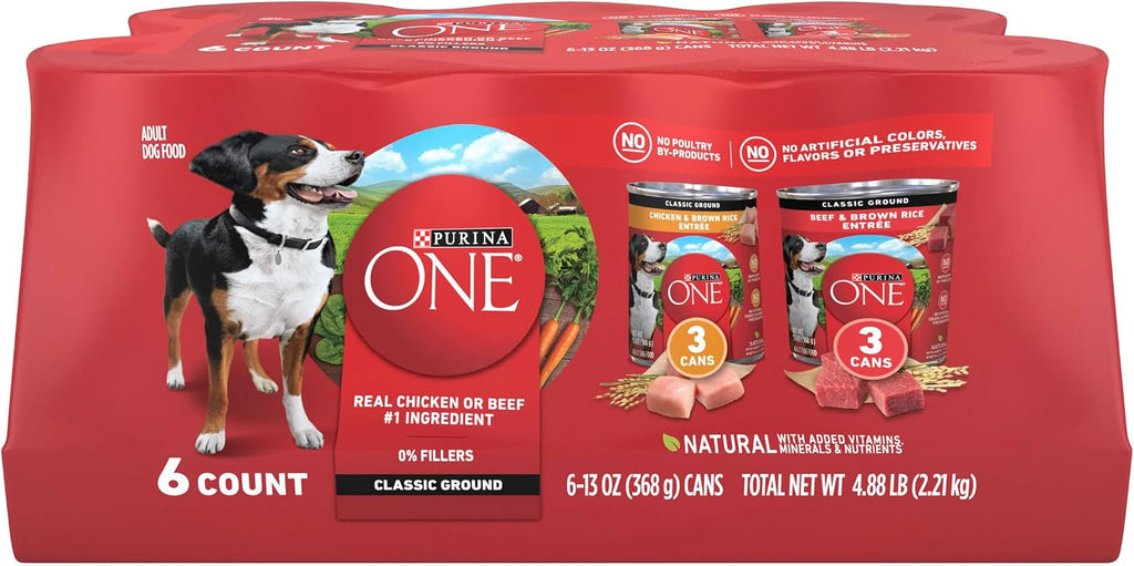 Purina ONE Wet Dog Food Variety Pack, Classic Ground, (6) 13 oz Cans | Two ground entrees, Chicken & Brown Rice and Beef & Brown Rice, with complete and balanced adult nutrition and no fillers