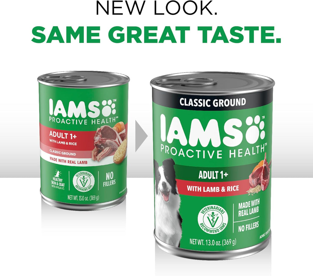 IAMS Proactive Health Ground Wet Dog Food, Lamb & Rice, 13 oz, 6-Pack | Real lamb, supports whole-body health, Omega-6 for skin & coat, no fillers or artificial flavors, 100% complete & balanced