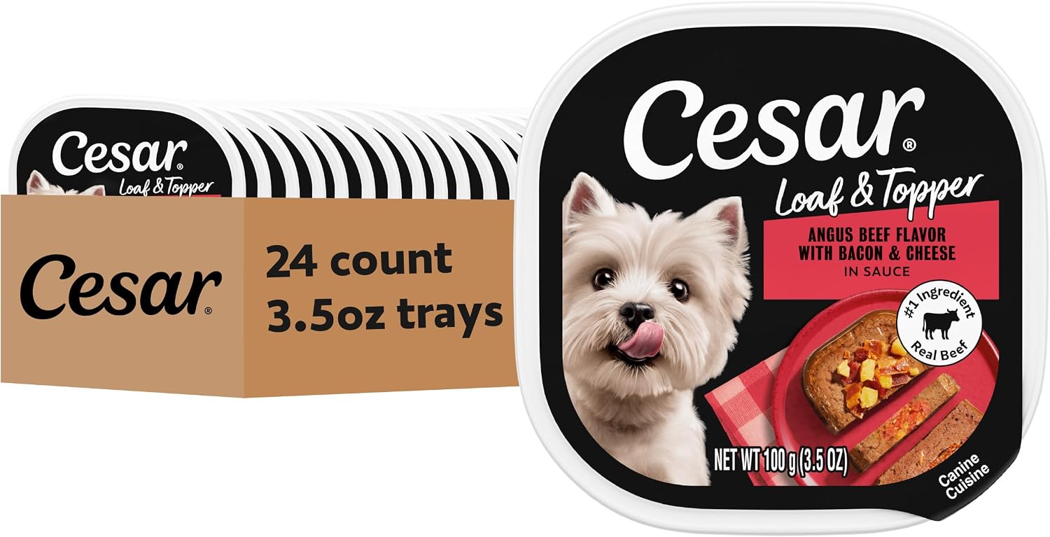 Cesar Loaf & Topper Wet Dog Food, Ham & Egg Flavor, 3.5 oz, 24 Count | Pork #1 ingredient, easy to digest, no fillers or added sugar, use as meal or food topper, easy peel trays