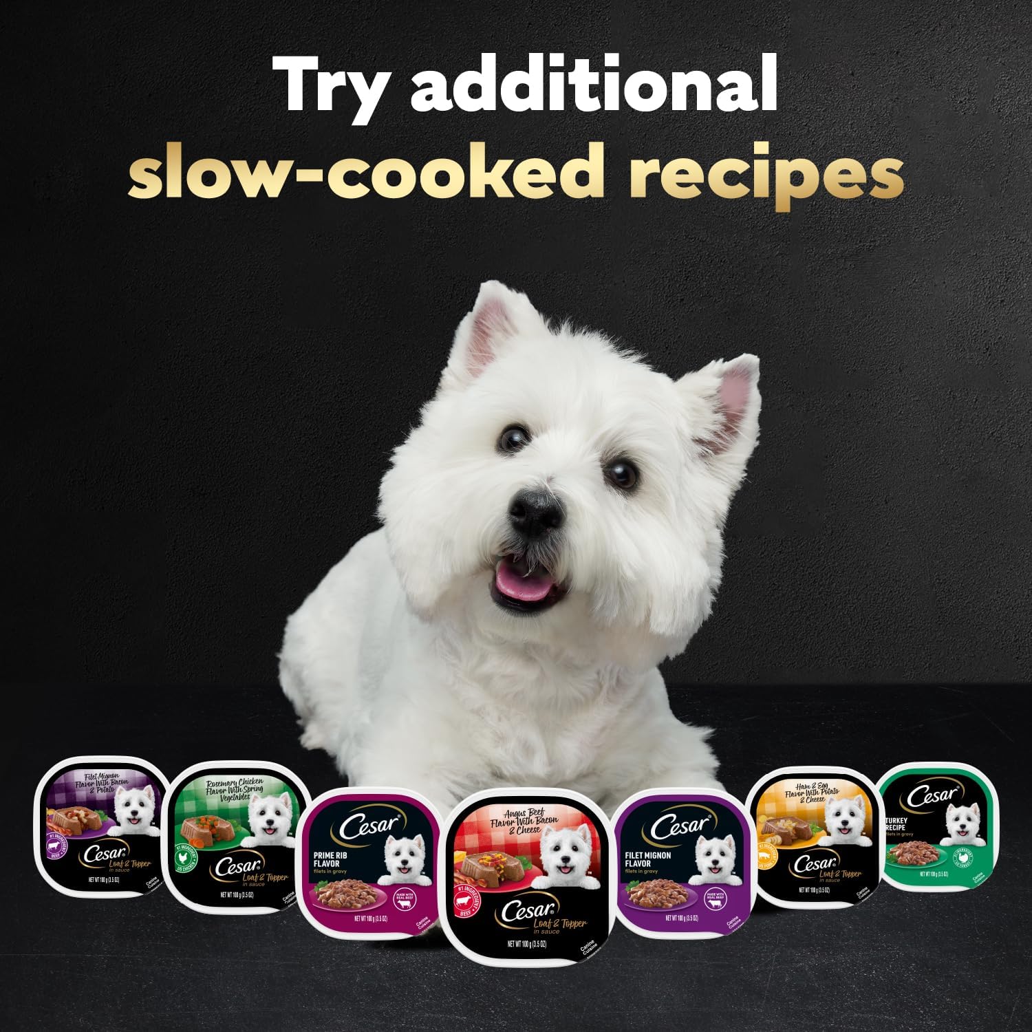 Cesar Loaf & Topper Wet Dog Food, Ham & Egg Flavor, 3.5 oz, 24 Count | Pork #1 ingredient, easy to digest, no fillers or added sugar, use as meal or food topper, easy peel trays
