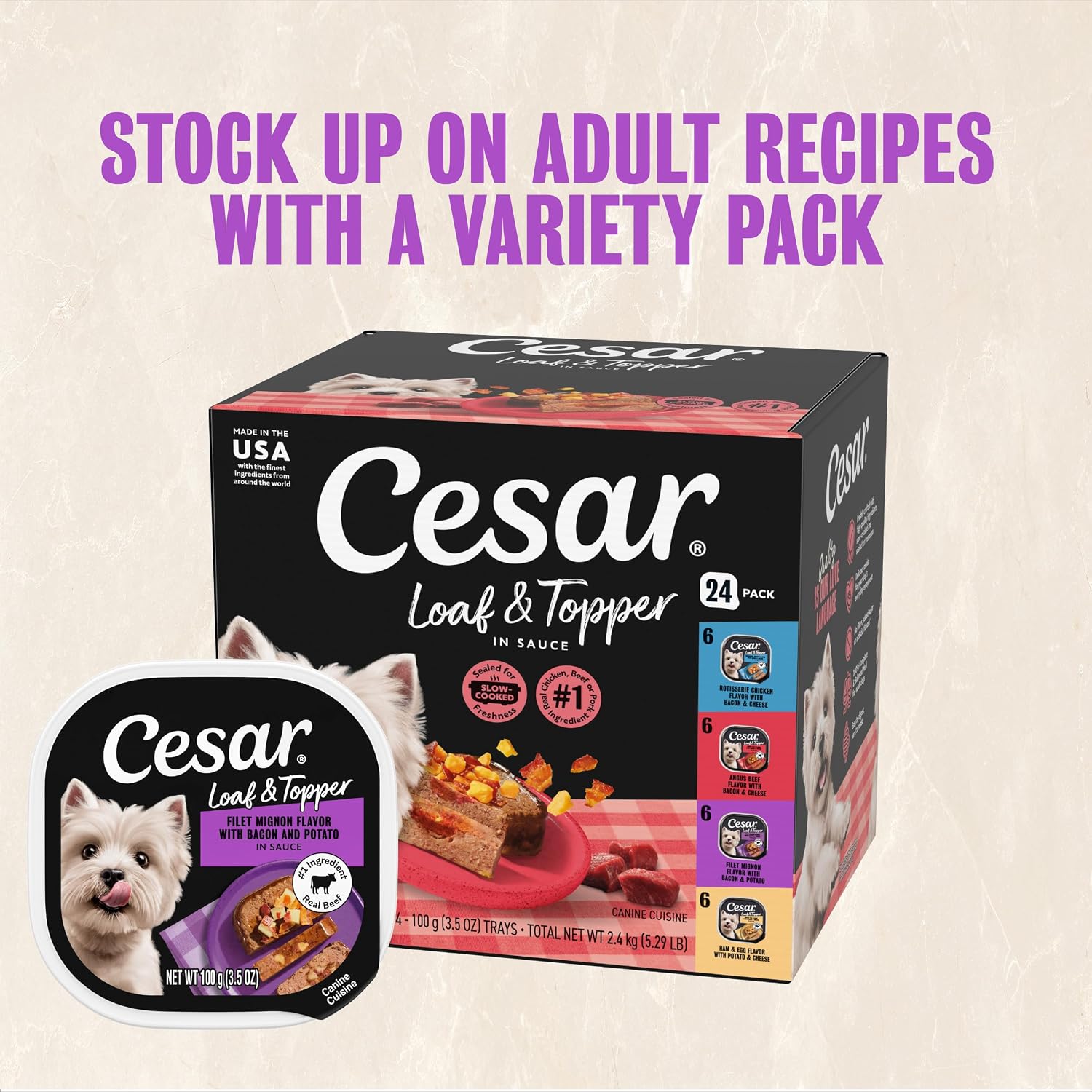 Cesar Loaf & Topper Wet Dog Food, Ham & Egg Flavor, 3.5 oz, 24 Count | Pork #1 ingredient, easy to digest, no fillers or added sugar, use as meal or food topper, easy peel trays