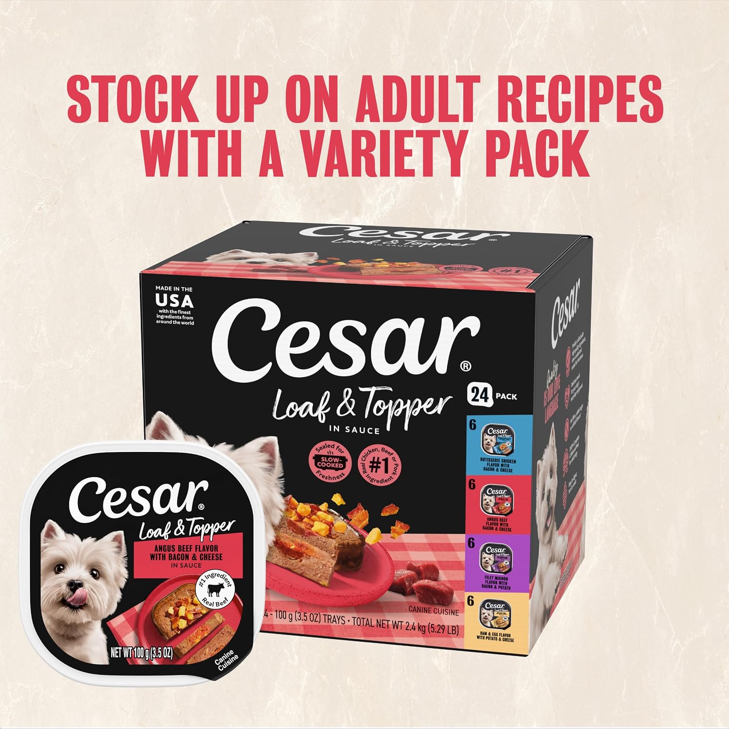 Cesar Loaf & Topper Wet Dog Food, Ham & Egg Flavor, 3.5 oz, 24 Count | Pork #1 ingredient, easy to digest, no fillers or added sugar, use as meal or food topper, easy peel trays