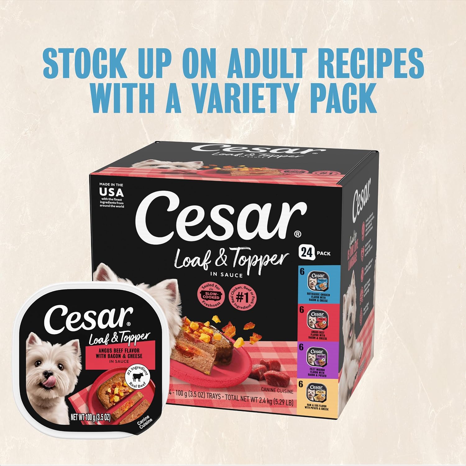 Cesar Loaf & Topper Wet Dog Food, Ham & Egg Flavor, 3.5 oz, 24 Count | Pork #1 ingredient, easy to digest, no fillers or added sugar, use as meal or food topper, easy peel trays