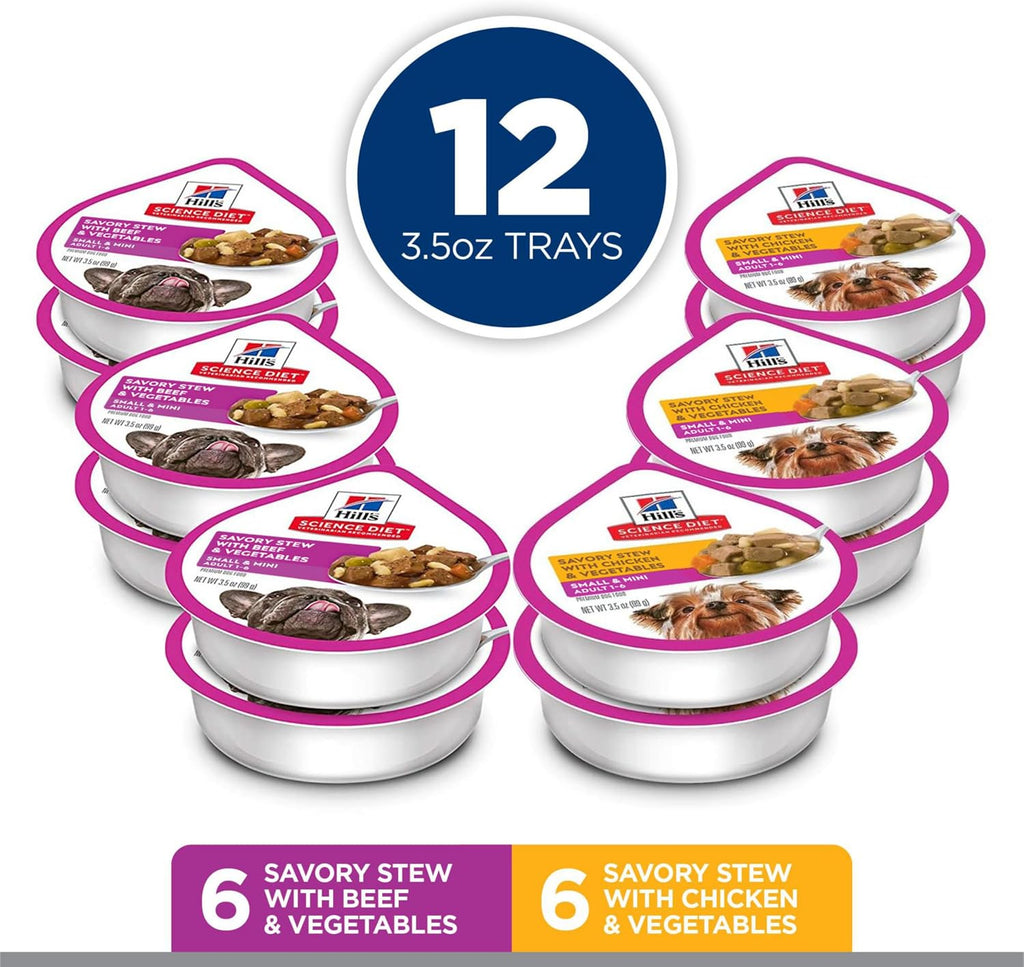 Hill's Science Diet Adult 1-6 Small & Mini Wet Dog Food Variety Pack | #1 Veterinarian Recommended, Chicken & Vegetables, Beef & Vegetables, 3.5 oz. Trays, 12-Pack