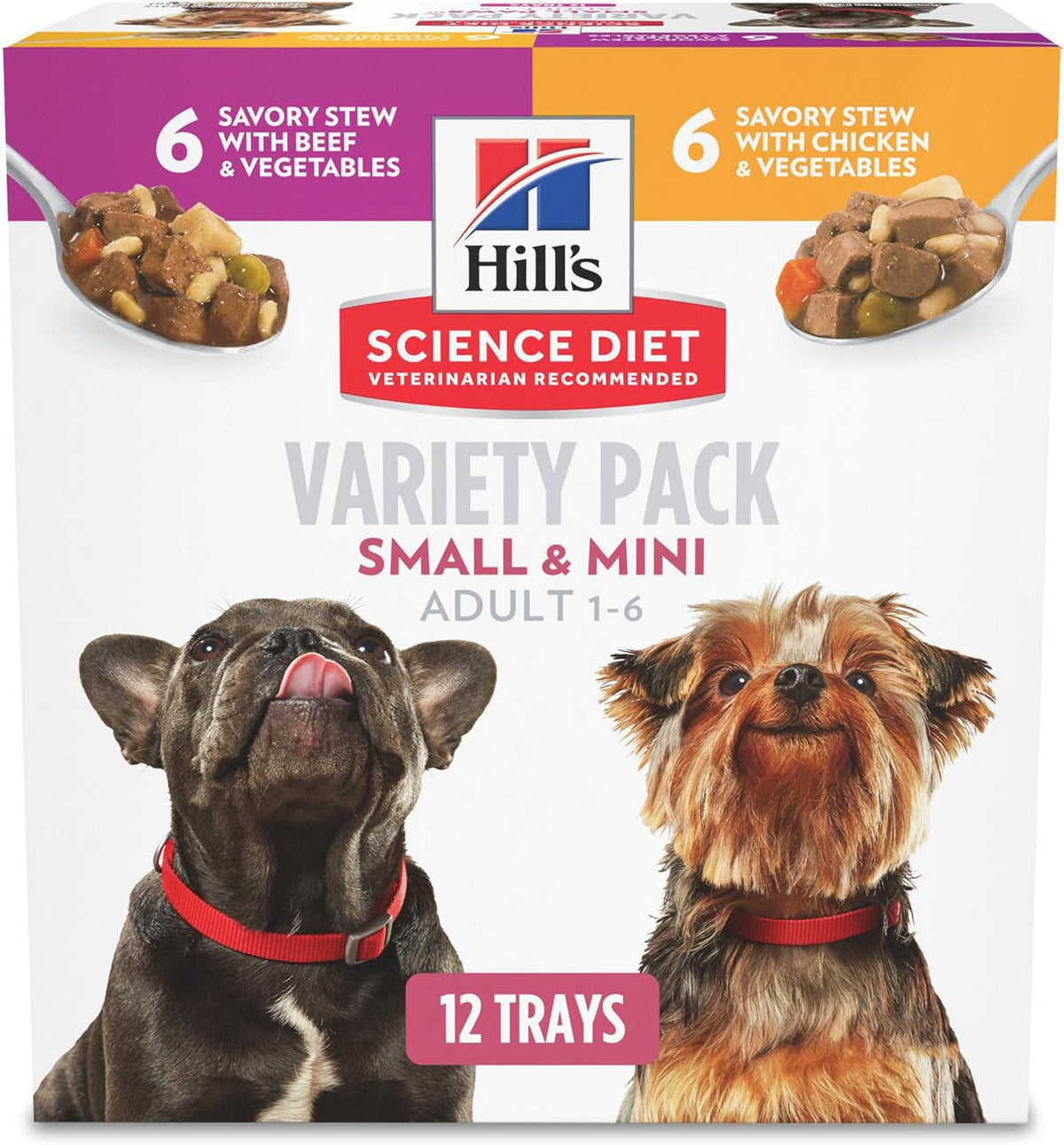 Hill's Science Diet Adult 1-6 Small & Mini Wet Dog Food Variety Pack | #1 Veterinarian Recommended, Chicken & Vegetables, Beef & Vegetables, 3.5 oz. Trays, 12-Pack
