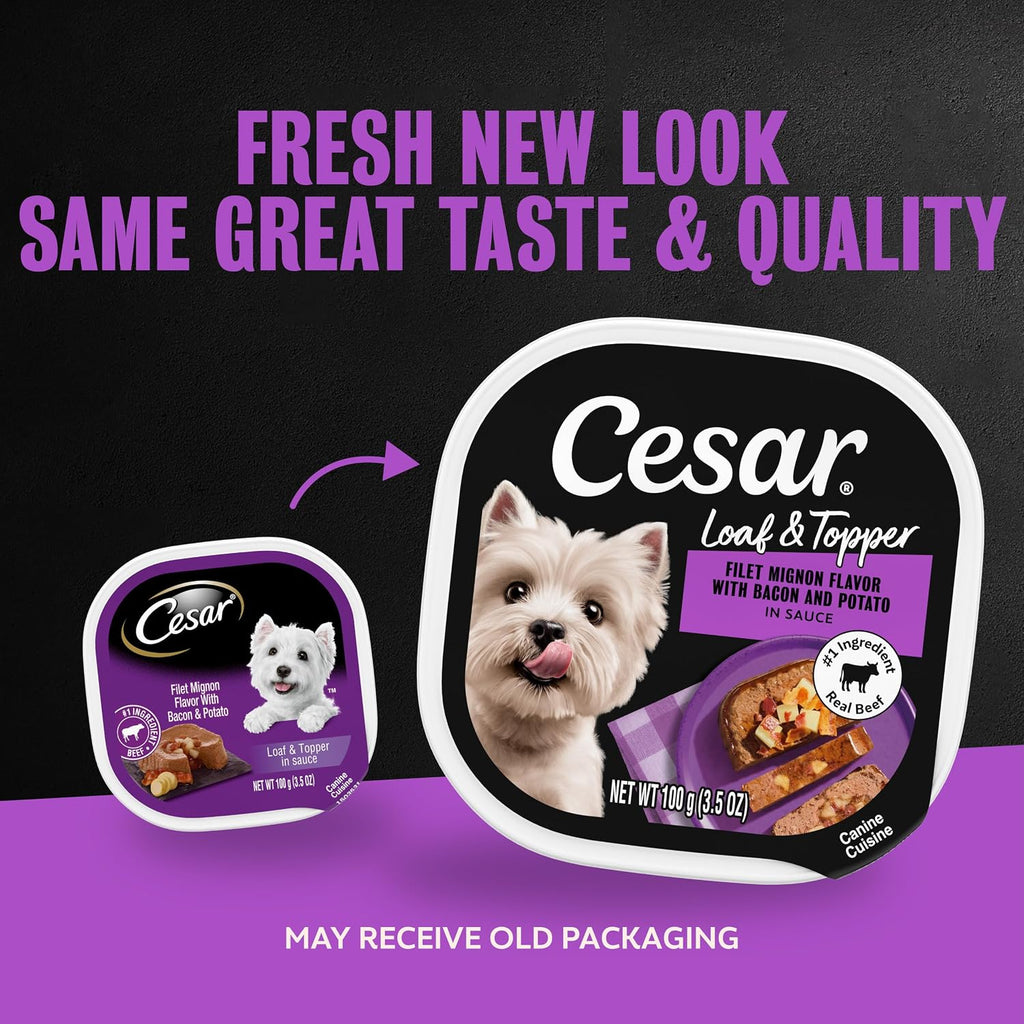 Cesar Loaf & Topper Wet Dog Food, Ham & Egg Flavor, 3.5 oz, 24 Count | Pork #1 ingredient, easy to digest, no fillers or added sugar, use as meal or food topper, easy peel trays